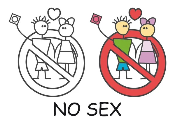 Homme drôle de bâton vectoriel avec une femme dans le style doodle. Pas de sexe pas de signe d'amour interdiction rouge. Le symbole Stop. Autocollant icône d'interdiction pour les endroits de la zone. Isolé sur fond blanc . — Image vectorielle