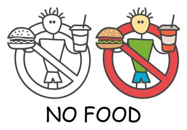 Bir hamburger ve çocuk tarzında içki ile Komik vektör sopa adam. Fastfood yok, kırmızı yasak işareti yok. Dur sembolü. Alan yerleri için yasaklama simgesi etiketi. Beyaz arka planda yalıtılmış.