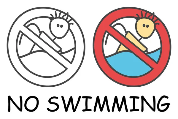 Funny vector stick swimmer in children's style. No swimming sign red prohibition. Stop symbol. Prohibition icon sticker for area places. Isolated on white background. — Stock Vector