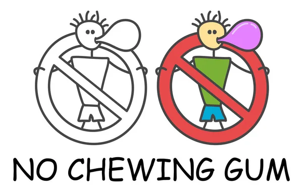 Funny Vector Stick man med ett tuggummi i barnens stil. Ingen cheawing Bubblegum underteckna rött förbud. Stopp symbolen. Förbud ikon klistermärke för området platser. Isolerad på vit bakgrund. — Stock vektor