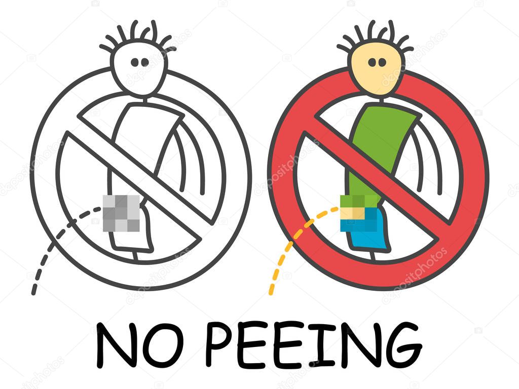 Funny vector standing stick man peeing in children's style. No urinating no pee sign red prohibition. Stop symbol. Prohibition icon sticker for area places. Isolated on white background.