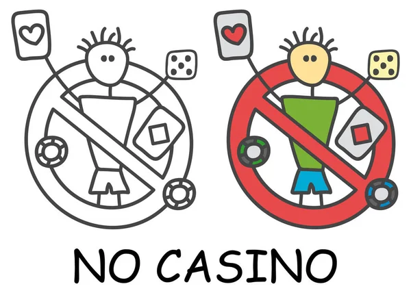 Funny Vector Stick man med ett spelkort och ben i barnens stil. Inget kasino inget spel tecken rött förbud. Stopp symbolen. Förbud ikon klistermärke för området platser. — Stock vektor