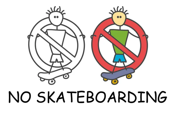 Funny Vector Stick man med en skateboard i barnens stil. Ingen skateboard ingen extrem skylt rött förbud. Stopp symbolen. Förbud ikon klistermärke för området platser. Isolerad på vit bakgrund. — Stock vektor