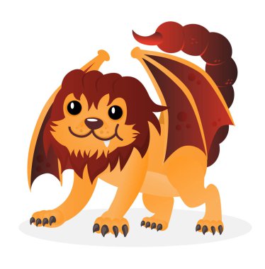 Karikatür mutlu sevimli vektör küçük oyuncu manticore. Komik chimera veya sfenks. Baskı, amblem, t-shirt, parti dekorasyonu, etiket, logo için tasarım.