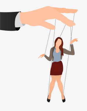 Puppet businesswoman in an empty place leaded by a huge hand. Command, Control, woman, Manipulate, Manipulation flat icon.  clipart