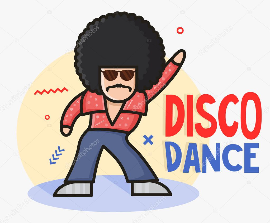 Cool funny cartoon disco dancer mascot.  Soul Party Time. Funk or disco style. Retro afro character. Young man dressed in 1970s fashion.