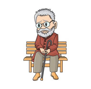 Tahta bir bankta oturan, bastonlu üzgün, yaşlı bir adam. Yalnız vektör karikatür büyükbaba. Şanssız emekli.. 