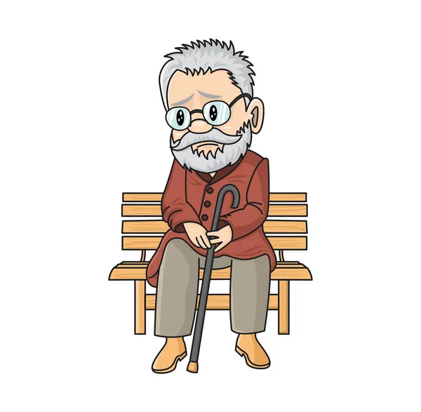Smutný starý muž s holí sedící na dřevěné lavičce. Vektorový kreslený děda. Nešťastný důchodce. — Stockový vektor