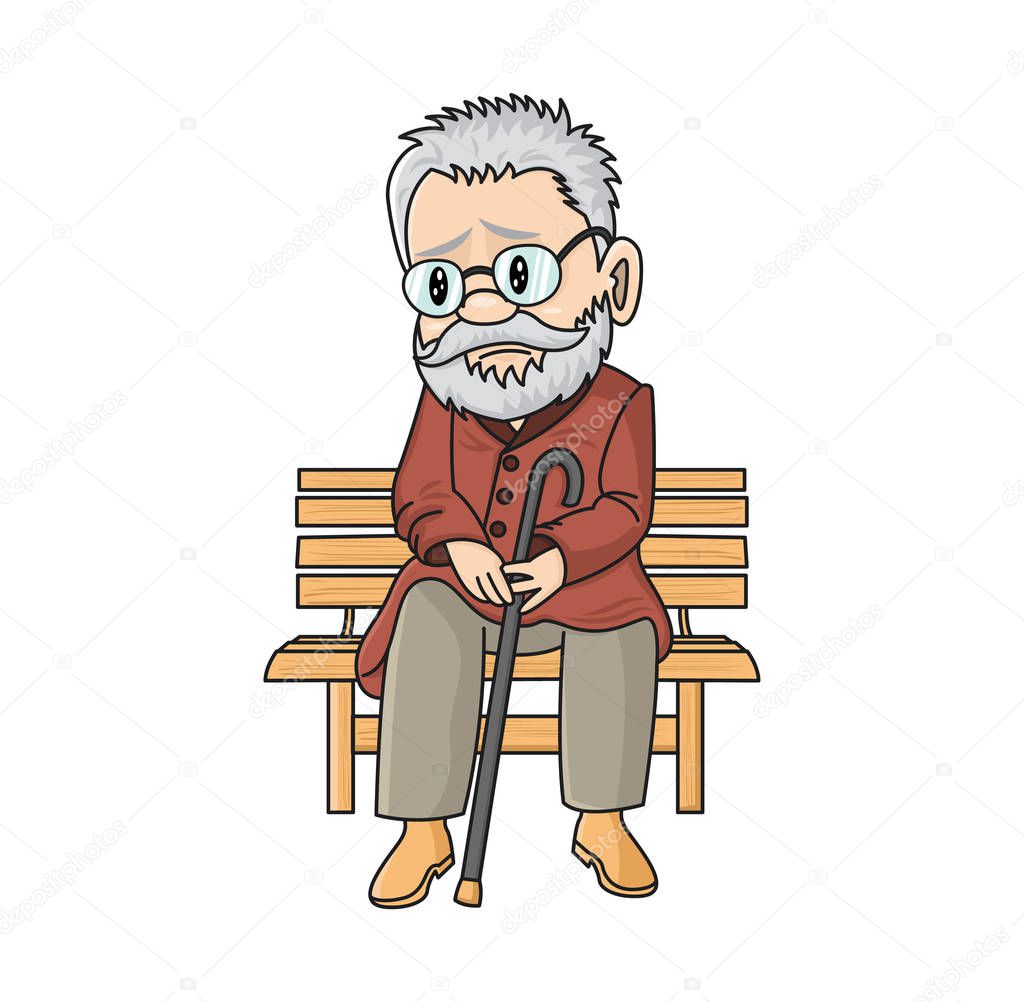 Sad cute old man with a cane sitting on a wooden bench. Lonely vector cartoon grandfather. Unlucky pensioner. 