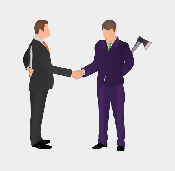 Business partners shake hands holding arms behind their backs. Conflict between two worker. Concept iDea of Bad Business People. Competition & confrontation. — Stock vektor