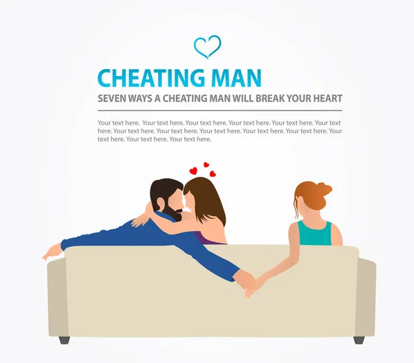 Boyfriend gives the hand to the girl sitting next to his girlfriend. Man cheating on her girlfriend. Love triangle. — Stock Vector