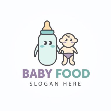 Yaratıcı şirin logoti bebek maması. Bir şişe süt ve en iyi arkadaşlar. Çizgi film tarzı. Dükkan, market, küçük çocuklar için mağaza.