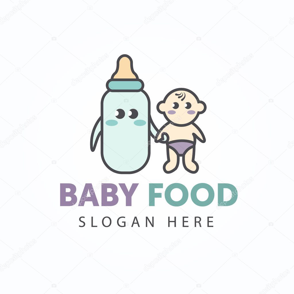 Creative cute logotype baby food. Baby with a bottle of milk best friends. Cartoon style with outline. Element of Shop, market, store for little children.