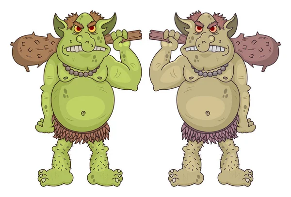 Giant Funny Ogres Bande Dessinée Détient Clubs Bois Personnages Mythiques — Image vectorielle