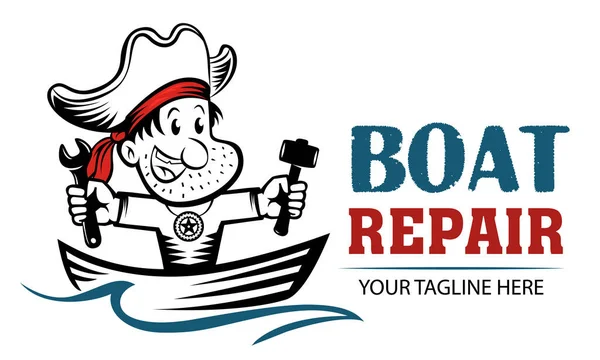 Grappig Cartoon Logo Van Piraat Met Moersleutel Hamer Boot Reparatie — Stockvector