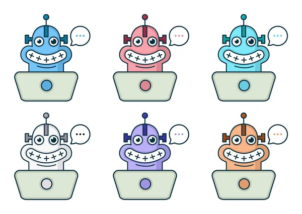 Lustige Karikatur Lächelnden Roboter Mit Laptop Sechs Farbmodi Nette Roboterfigur — Stockvektor