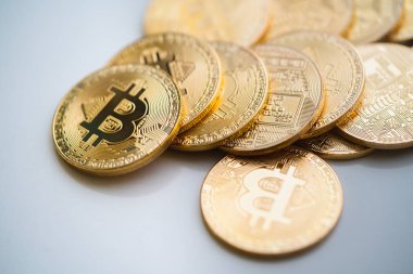 Closeup altın bitcoins, Cryptocurrency iş kavramı