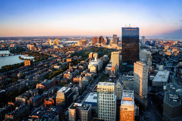 Vista Aérea Boston Com Arranha Céus Pôr Sol Com Horizonte — Fotografia de Stock