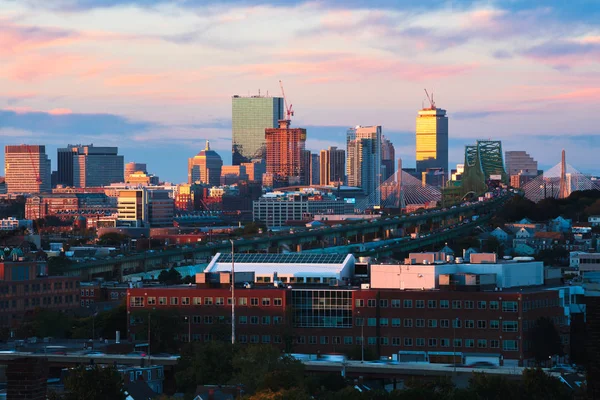 Boston city skyline with Boston bridges and highways, Boston Massachusetts USA
