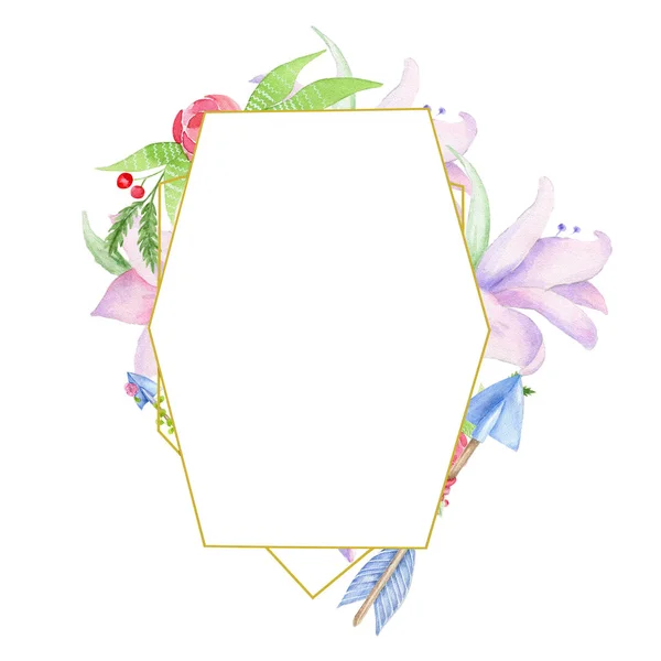 Uitnodiging bruiloft, floral uitnodiging kaart, olijf bloemen en magnolia geometrische gouden frame afdrukken. Witte achtergrond — Stockfoto