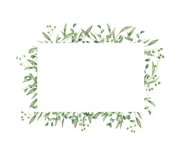 Diseño de la tarjeta verde floral: rama hojas verdes marco rectángulo. Boda invitación cartel invitación Acuarela dibujado a mano ilustración de arte —  Fotos de Stock