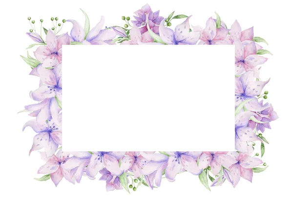 Blommig ram med rosa rosor och dekorativa blad. Akvarell inbjudan design horisontell. Bakgrunden till Spara datumet. Gratulationskort med rosa blommor. — Stockfoto