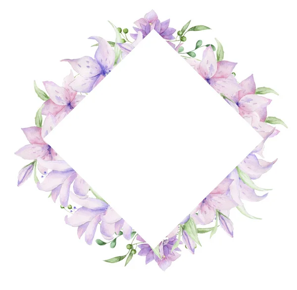 Floral frame met roze rozen en decoratieve bladeren. Aquarel uitnodiging ontwerp. Achtergrond op te slaan van de datum. Wenskaarten met roze bloemen. — Stockfoto