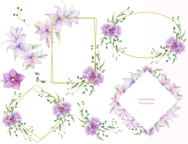 Floral frames met roze bloemen en decoratieve bladeren. Aquarel uitnodiging ontwerp horizontaal. Achtergrond op te slaan van de datum. Wenskaarten met roze bloemen. — Stockfoto