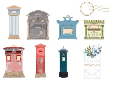 Victorian Pillar Box, UK, Spain, Italy, Germany, Japan mail. Post and dove Peace and love clipart
