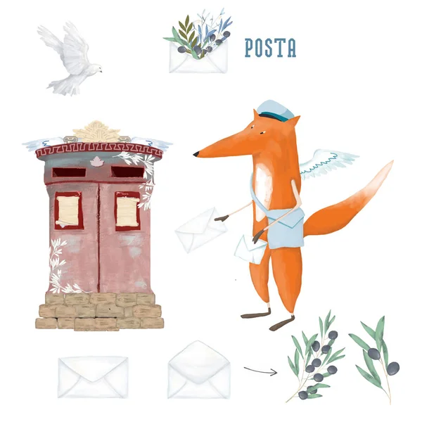 Aranyos Fox és galamb és olívaolaj. Kártya Post világnapja, október 9-én, illusztráció, a világ utáni nap postbox. — Stock Fotó