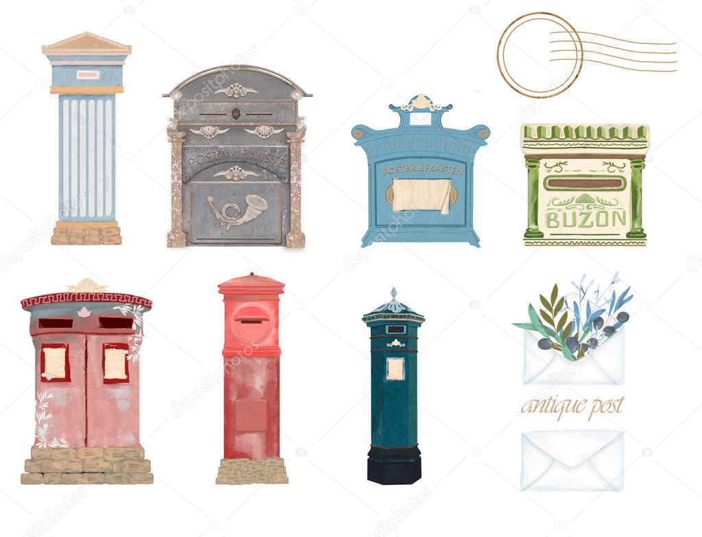 Victorian Pillar Box, UK, Spain, Italy, Germany, Japan mail. Post and dove Peace and love