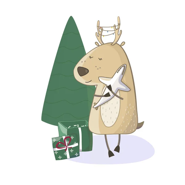 Weihnachten Baby süße Hirsche mit Geschenk. isoliert auf blauem Hintergrund. Weihnachtsillustration. Grußkarte Tier Winter Design Dekoration Silvester — Stockvektor