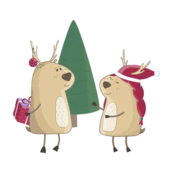 Boże Narodzenie dziecka cute jelenia z pamiątkami. Na niebieskim tle gradientowym tle. Boże Narodzenie ilustracja. Greeting card zima zwierzę ozdoba Sylwester — Wektor stockowy