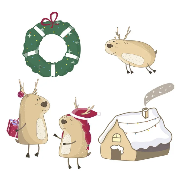 Weihnachtsbaby süße Hirsche mit Geschenk und Häuschen. Weihnachtsillustration. Grußkarte Tier Winter Design Dekoration Silvester — Stockvektor