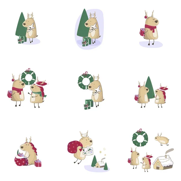 Navidad bebé ciervos lindos conjunto con regalo. Humor de invierno. Ilustración de Navidad. Tarjeta de felicitación animal invierno diseño decoración año nuevo víspera — Archivo Imágenes Vectoriales