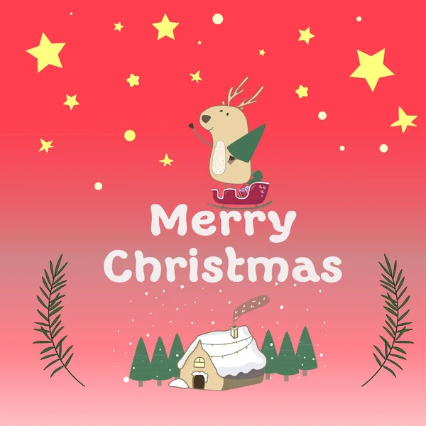 Noel kartı ev komik geyik yıldız ve kar. Güzel evim. Kırmızı degrade arka plan gingerbread ile evler, şeker, yeni yıl arifesinde — Stok Vektör