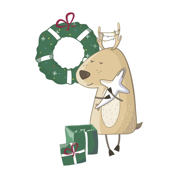 Weihnachten Baby süße Hirsche mit Geschenk. isoliert auf blauem Hintergrund. Weihnachtsillustration. Grußkarte Tier Winter Design Dekoration Silvester — Stockvektor