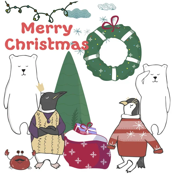 Pinguins engraçados e fofos Árvore de Natal. Feliz Natal e Feliz Ano Novo. Cartão de Natal em estilo cartoon. Ilustração vetorial. véspera de anos novos — Vetor de Stock