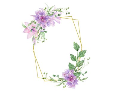 Pembe gül ve dekoratif yaprak çerçeve çiçek. Suluboya davetiye tasarım. Tarihi kaydetmek için arka plan. Pembe çiçekli altın Çokgen çerçeve ile tebrik kartları