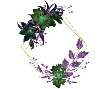 Pembe gül ve dekoratif yaprak çerçeve çiçek. Suluboya davetiye tasarım. Tarihi kaydetmek için arka plan. Pembe çiçekli altın Çokgen çerçeve ile tebrik kartları