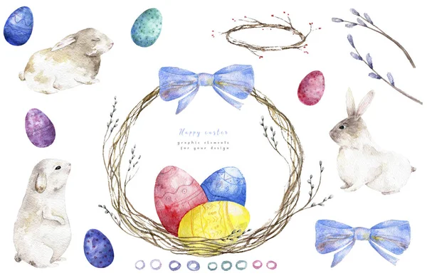 Acquerello Coniglietto Conigli Con Uova Pasqua Sfondo Legno — Foto Stock