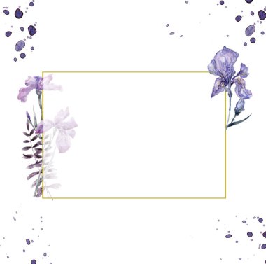 Düğün davetiyesi, çiçek davet kartı, geometrik altın çerçeve yazdırma suluboya Iris pembe çiçek ve yeşil yapraklar. Poligonal Rhombus dikdörtgen çerçeve. Beyaz arka plan.