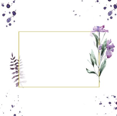 Düğün davetiyesi, çiçek davet kartı, geometrik altın çerçeve yazdırma suluboya Iris pembe çiçek ve yeşil yapraklar. Poligonal Rhombus dikdörtgen çerçeve. Beyaz arka plan.