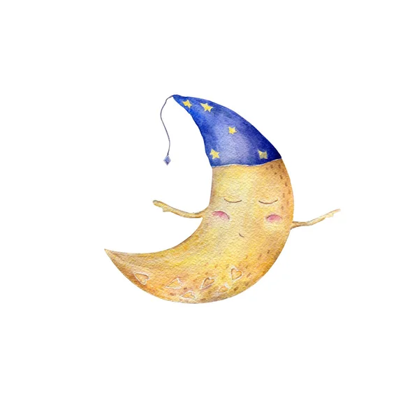 Lua Aquarela Clipe Arte Amarelo Lua Engraçado Personagem Voar Lua — Fotografia de Stock