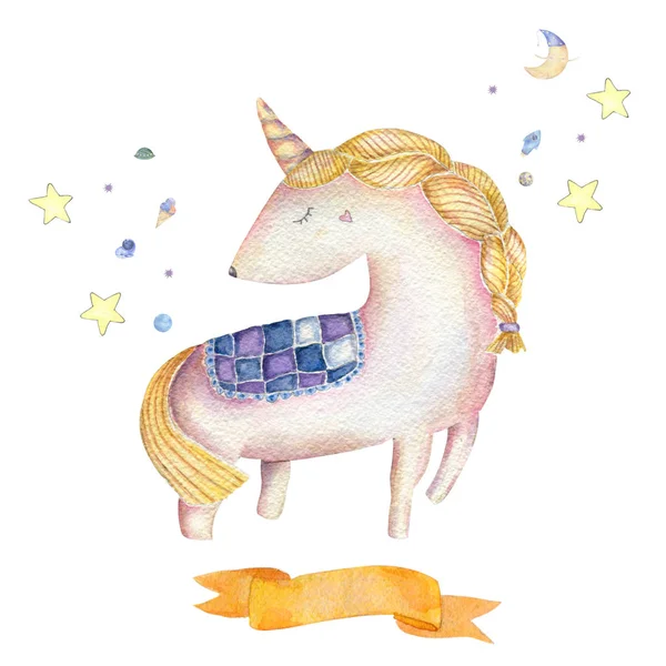 Unicorn watercolor and flower pink unicorn beautiful animal cute pony little horse clip art drawing magic illustration fantasy birthday greeting card print ribbon geometric on white background.