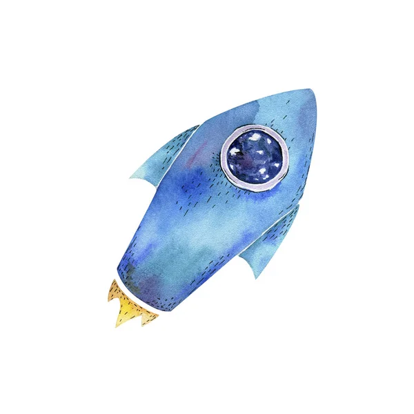 Rocket Aquarelle Volant Fusée Bleu Personnage Dessin Illustration Géométrique Clip — Photo