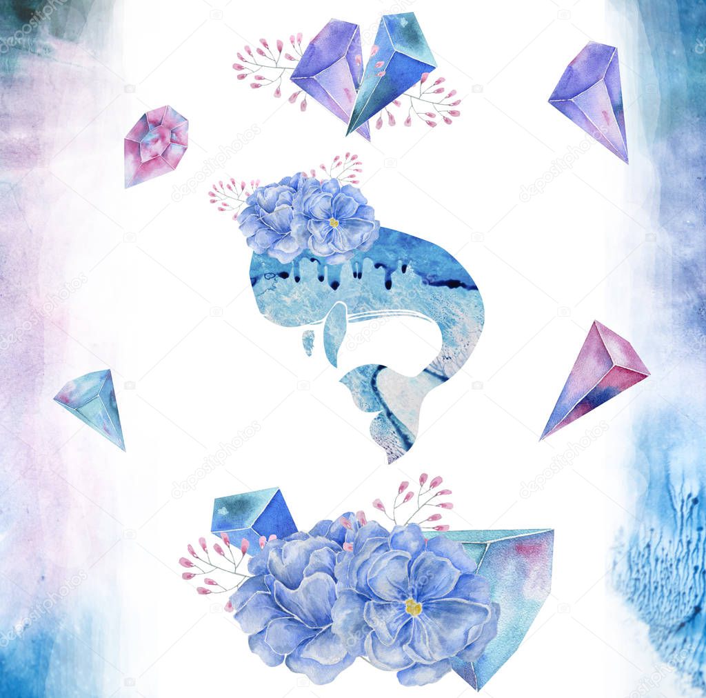 Whale watercolor fatasy whale on fly balloon solar system funny blue ocean sea deep character drawing illustration geometric clip art for birthday party print celebration clothing on.