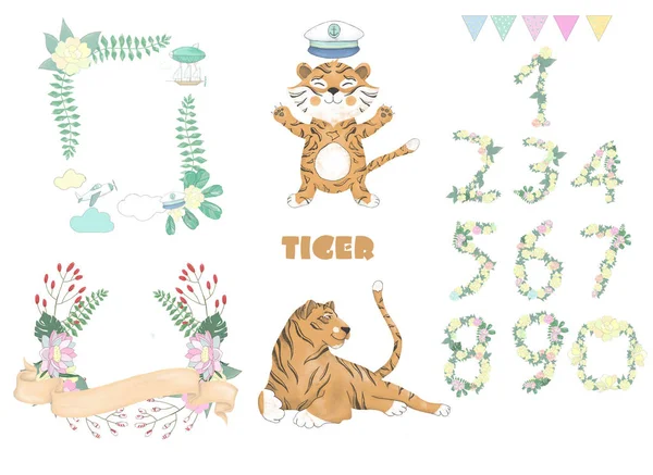 Tiger Digital Clip Art Cute Animal Flowers Card Posters — Stock Photo, Image