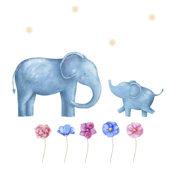 Elephants and flowers for design card clip art digital animal of africa cute drawing character funny kid style on white background watercolor