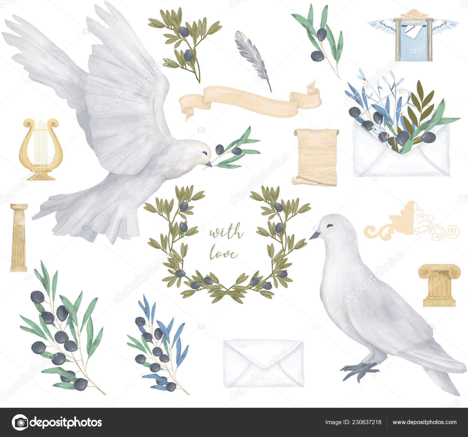 비둘기와 올리브 디지털 수채화 그리기 배경에 비슷한 결혼식 일러스트 비둘기 스톡 일러스트레이션 [© AUTHOR_NAME]  #230637218, image size:1600x1494